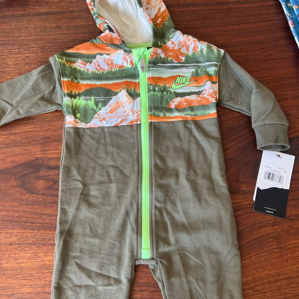 Nike Kids 12 month hooded Onesie - Green and Orange
